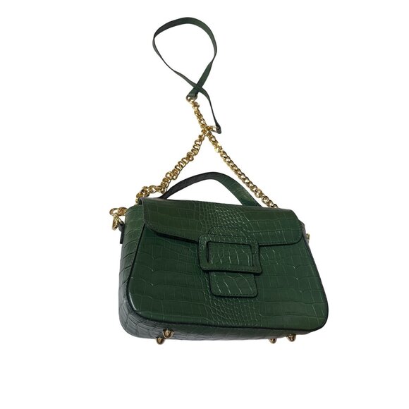 Vera Pelle Green Croc-Embossed Genuine Leather Handbag With Top Handle & Gold Ch - Picture 1 of 8